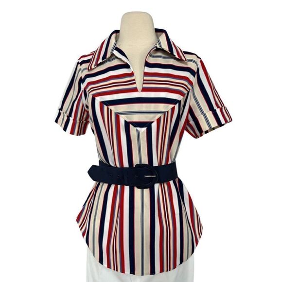 Retro Vintage 1970s Striped Collared Popover Shirt Blouse - Picture 1 of 9